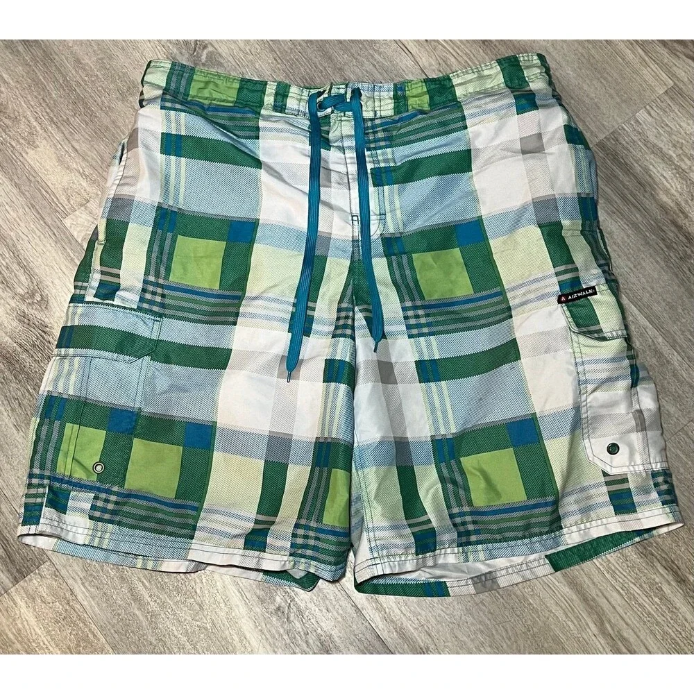 Airwalk Mens‎ Trunks Swim Shorts Green Checkered Drawstring XXL